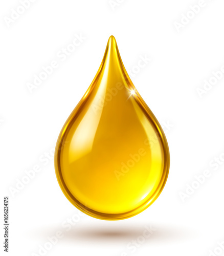 Glossy golden oil drop. Realistic 3D collagen serum droplet for skincare and cosmetic concept