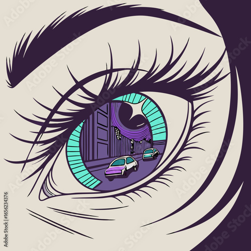 A stylized eye reflecting a vibrant cityscape at night, showcasing cars and buildings.