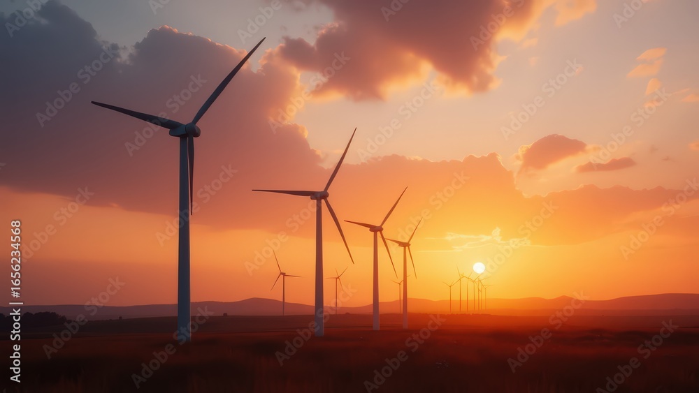 Wind turbines under a colorful sunset sky generating renewable energy Wind turbines under a colorful sunset sky generating renewable energy