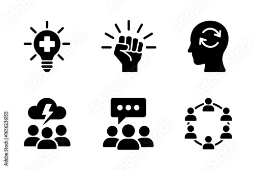 Collection of business icons representing teamwork and brainstorming for innovative solutions