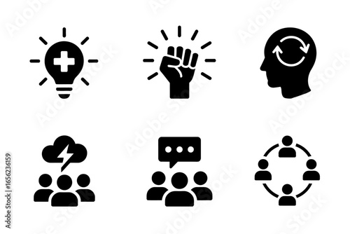 Collection of business icons representing teamwork and brainstorming for innovative solutions