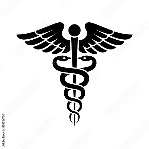 Medical symbol representing healthcare with snakes and wings in black and white illustration
