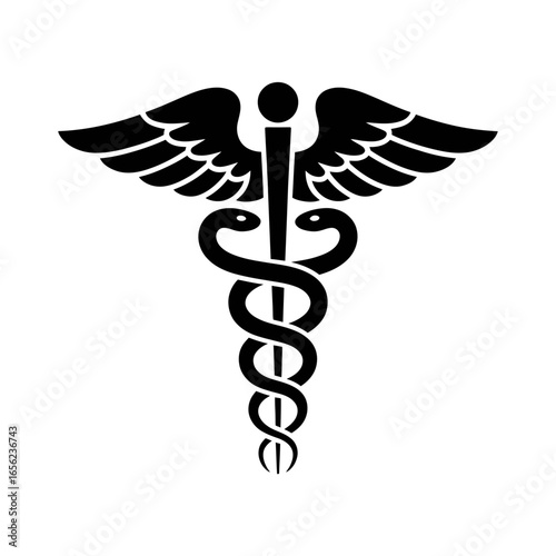 Medical symbol representing healthcare with snakes and wings in black and white illustration