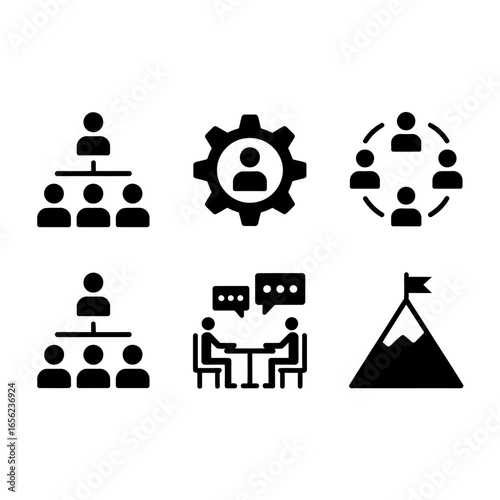 Teamwork icons showcasing business collaboration and leadership concepts in black and white style