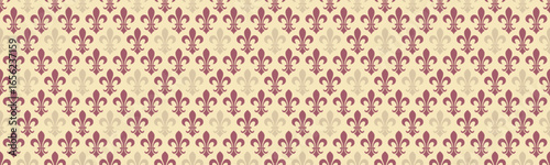 Elegant fleurdelis pattern in muted burgundy and beige.  Perfect for website backgrounds, fabric design, or stationery. This classic regal motif evokes sophistication and timeless style.