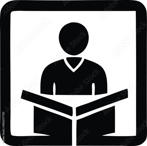 Silhouette of a person reading an open book symbolizing knowledge learning and education in a simple graphic icon