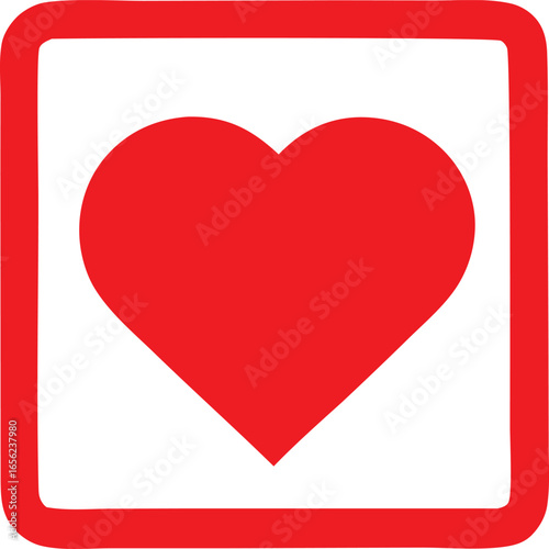 A bold vibrant red heart symbol is prominently displayed within a square frame with a thick red border symbolizing love and affection