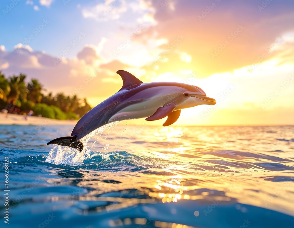 Fototapeta premium Dolphin leaping sunset ocean beach. (1)