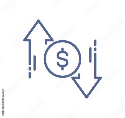 Dollar symbol with up and down arrows, currency exchange icon, money fluctuation, financial market volatility, forex trading, price increase and decrease isolated background flat vector illustration.