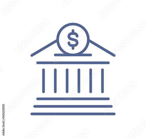 Bank building with dollar sign, financial institution icon, money deposit, savings account, banking service, economic stability symbol isolated on white background flat vector illustration.