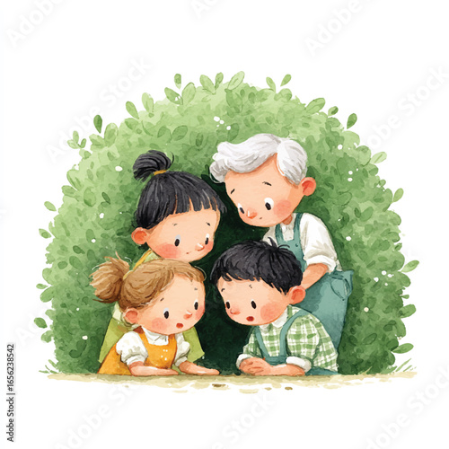 Watercolor illustration of grandfather with three grandchildren looking down