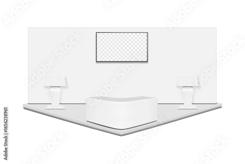Trade show booth display kit mock-up. Expo tradeshow set template. Backdrop banner with LCD LED monitor, floor touch screen digital kiosks, curved table counter stand. 3d vector mockup