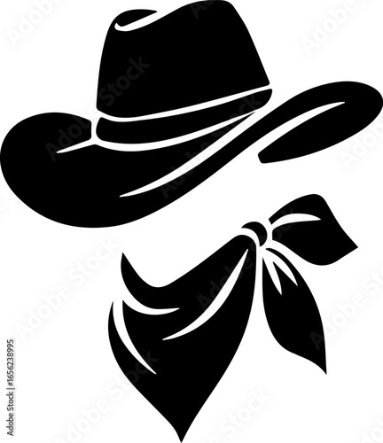 Cowboy hat and bandana black silhouette illustration showcasing classic Western attire in a simplistic design
