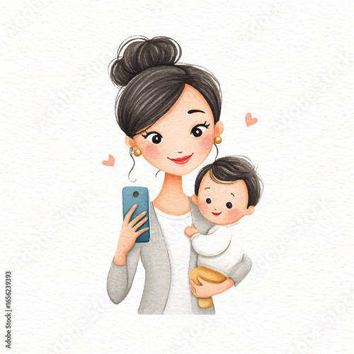 Watercolor Illustration of Mother and Baby Taking a Selfie Together (1)