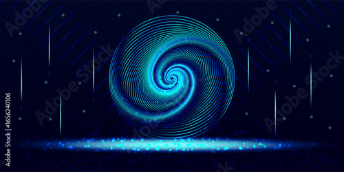 Abstract glowing spiral sphere with futuristic light trails and digital energy effect, perfect for technology, sci-fi, and modern design projects.