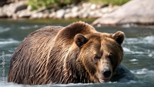 Grizzly bear closeup drenched in river spray mid-hunt.