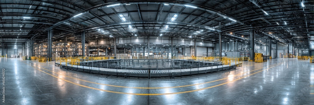 Fototapeta premium Warehouse Panoramic. Industrial Facility with Modern Machinery and Equipment. Controlled Access Area with Fenced Guard
