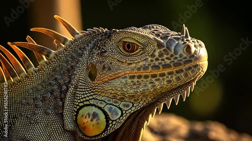 Iguana closeup reveals scaly textures in golden sun.