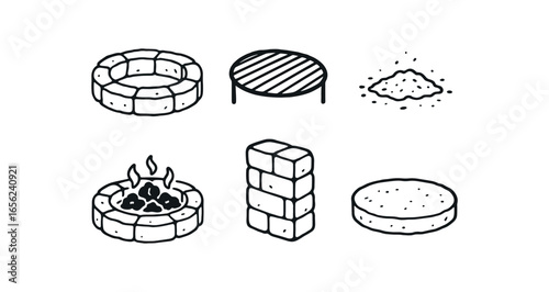 hand drawn cute doodle style line isolated on white background stone fire pit (parts): ring grate ash ember base