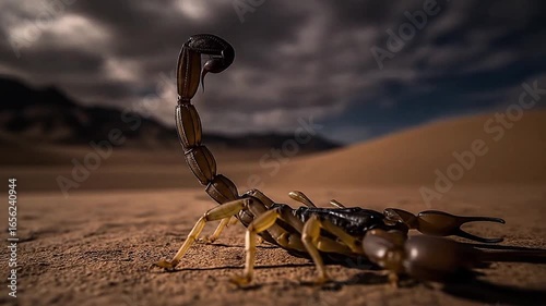 In desert night, scorpion closeup glows under starlight.