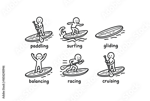 hand drawn cute doodle style line isolated on white background surf paddleboard (uses): paddling surfing gliding balancing racing cruising