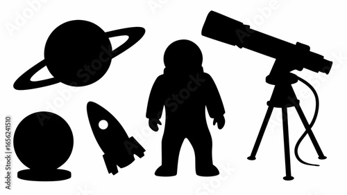 Silhouette of a planet with rings, astronaut, rocket, telescope, and other planet in space scene