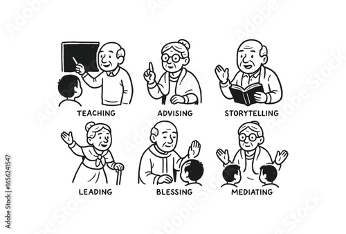 hand drawn cute doodle ink line art style line monochrome monochrome isolated on white background heritage elder (roles): teaching advising storytelling leading blessing mediating