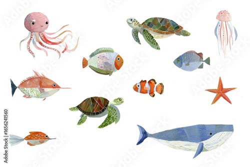 Watercolor illustration set of marine life featuring jellyfish, fish, whale, and starfish. Hand-painted in soft, vibrant tones with artistic textures, perfect for ocean-themed designs, kids’ decor