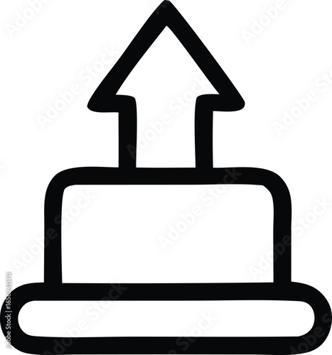 A simple black and white line drawing of an upward pointing arrow emerging from a square base representing upload or launch