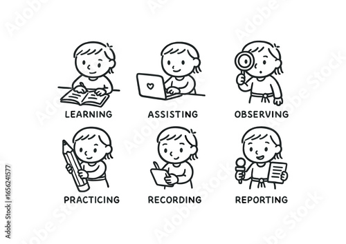 hand drawn cute doodle ink line art style line monochrome monochrome isolated on white background training apprentice (tasks): learning assisting observing practicing recording reporting