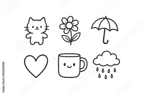 hand drawn cute doodle ink line art style line monochrome monochrome isolated on white background rain mist (effects): cooling softening dampening hiding blurring freshening