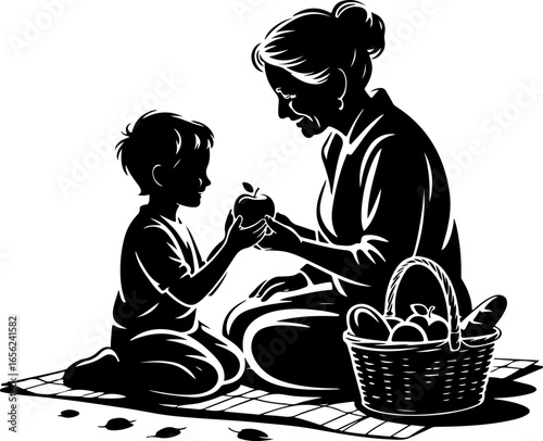 A joyful silhouette of a grandmother and grandchild sitting together on a picnic blanket spread on the ground