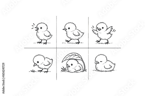 hand drawn cute doodle ink line art style line monochrome monochrome isolated on white background tern chickling (behaviors): peeping walking flapping feeding hiding resting