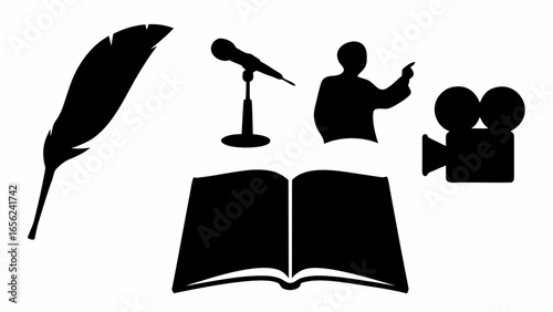 Illustration showing a feather quill, microphone, speaker, book, and a vintage film camera in black silhouette