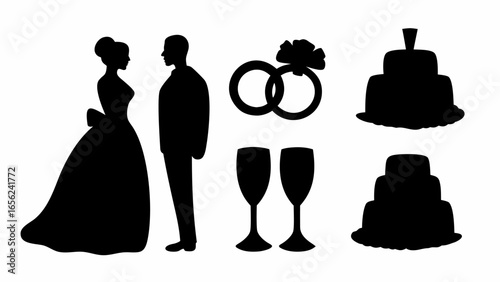 Silhouette of bride and groom with rings, champagne glasses, and wedding cakes on white background