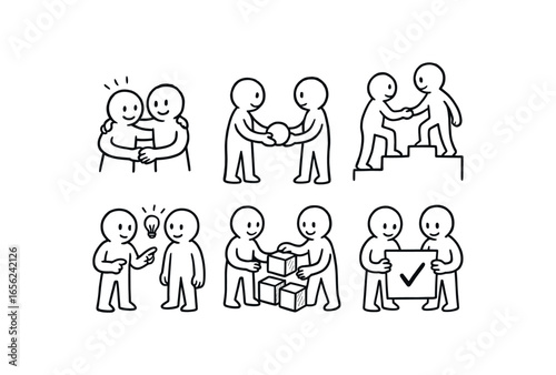 hand drawn cute doodle ink line art style line monochrome monochrome isolated on white background group endeavor (actions): collaborating sharing assisting coordinating building completing