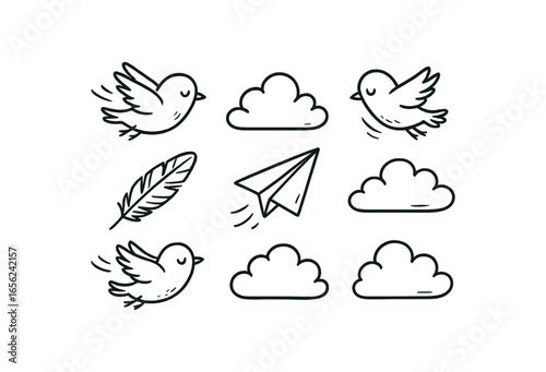 hand drawn cute doodle ink line art style line monochrome monochrome isolated on white background aerial glide (actions): gliding drifting sweeping soaring sliding floating