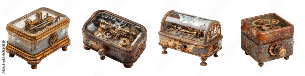 Fototapeta premium Vintage steampunk music boxes with intricate mechanisms on transparent background