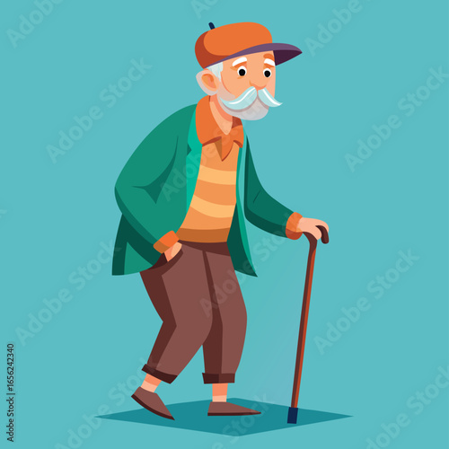 "Elderly Man with Cane Walking, Senior Male Character, Minimal Flat Design"