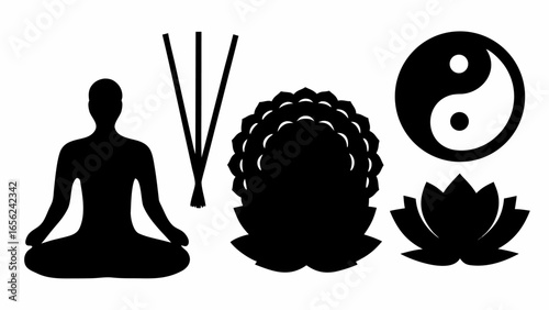 Silhouette of meditating person with incense sticks lotus flowers and yin yang symbol on white background
