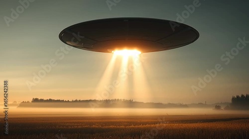 UFO descending in a serene landscape, illuminated by beams of light, creating an otherworldly atmosphere over golden fields at dawn, showcasing a captivating extraterrestrial encounter