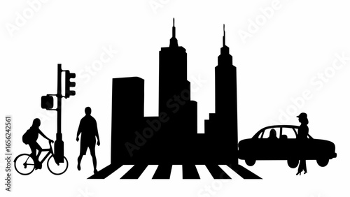 Silhouette of city skyline with pedestrian crossing, traffic light, cyclist, walker, and car with woman