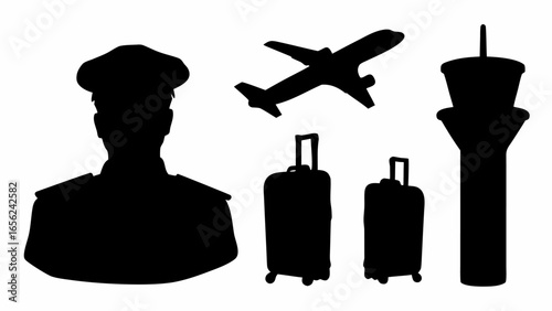 Silhouette of airport personnel airplane luggage and control tower representing air travel themes
