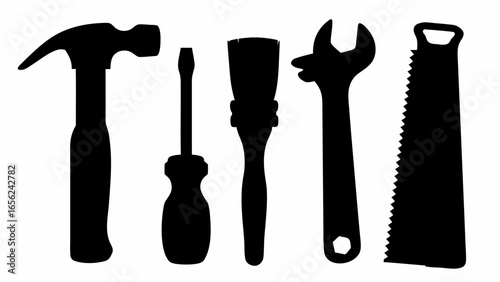 Silhouette of five tools including hammer, screwdriver, paint brush, wrench and hand saw in black