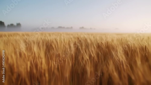 Golden wheat field in the morning mist with rural landscape.