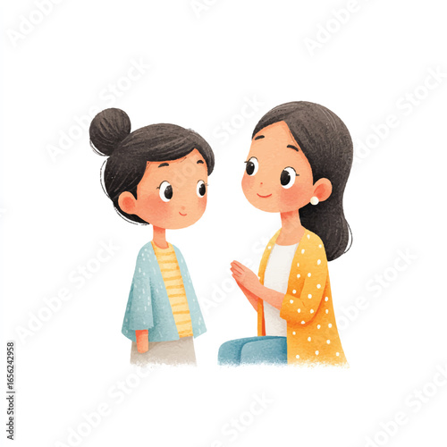 Watercolor Illustration of Mother and Daughter in Conversation