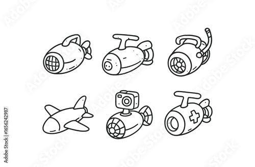 hand drawn cute doodle ink line art style line monochrome monochrome isolated on white background aquaplane scooter (uses): towing diving exploring gliding filming rescuing