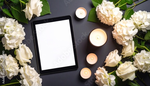 White roses, hydrangeas, candles, and a tablet on a dark surface.