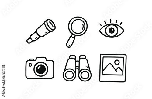 hand drawn cute doodle ink line art style line monochrome monochrome isolated on white background telescope ocular (uses): magnifying focusing observing framing zooming capturing
