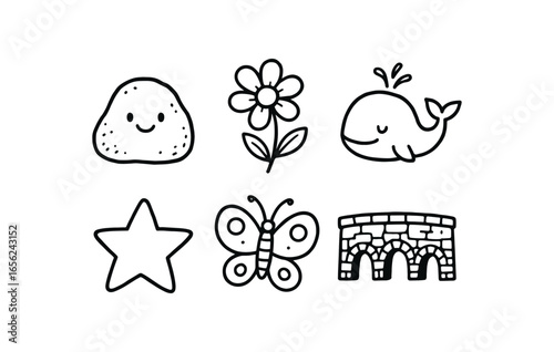 hand drawn cute doodle ink line art style line monochrome monochrome isolated on white background stone pier bridge (uses): spanning supporting connecting crossing carrying linking